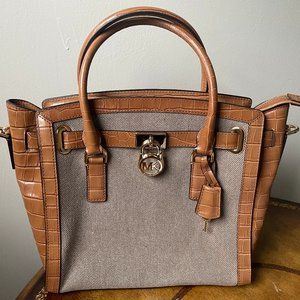 Michael Kors Hamilton Large Canvas And Leather Satchel Hemp Very Good Condition